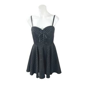 Vock Black Plaid Sleeveless Sweetheart Lace Up Mini Cami Flare A-Line Dress Sz S